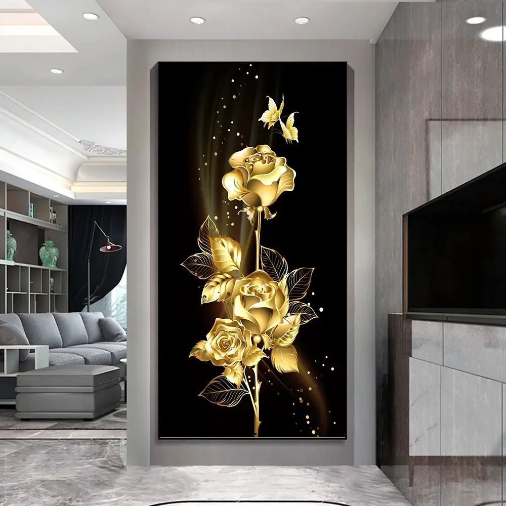 Schlussverkauf bester moderner Gold-Blumenträger Druck Wandkunst gewalterte Leinwand Malerei für Wohnzimmer