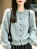 Cardigan en cachemire pur brossé personnalisé à col rond torsadé pour femme – Pull torsadé