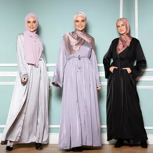 Custom 2 Piece Satin Drawstring Open Front Abaya Dress Set Custom Modest Cardigan Kimono Open Abaya Women Muslim Satin Dress