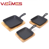 Poêle carrée en fonte avec support en bois, antiadhésive, à surface striée, pour steak, bacon, barbecue, compatible gaz et induction, revêtement à l'huile végétale