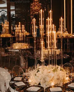 Centres de table de mariage décoration Base carrée 12 bras poteaux en métal doré candélabre en verre cristal pour la décoration de la maison de fête