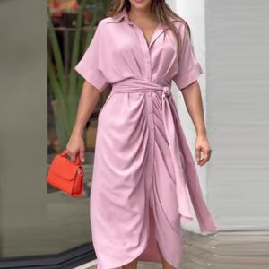 PASUXI <span class=keywords><strong>Vestido</strong></span> Largo de Verano para Mujer, a la Moda, Sexy, Nuevo, Estampado, <span class=keywords><strong>Manga</strong></span> Corta, con Cuello, Plisado, con Bandas, Elegante, Playero, de Corte Entallado - Product Image 6