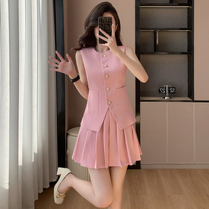 Women's Two Piece Suit Set Pink Blazer Vest Pleated Midi Skirt Solid Color Slim Fit Polyester Fabric - Product Image 4