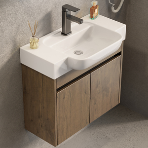 <span class=keywords><strong>Mobile</strong></span> <span class=keywords><strong>Bagno</strong></span> Moderno Sospeso in Alluminio a Nido d'Ape con Finitura Noce, Specchio LED Intelligente e Lavabo in Ceramica - Set Unità Hotel - Product Image 5