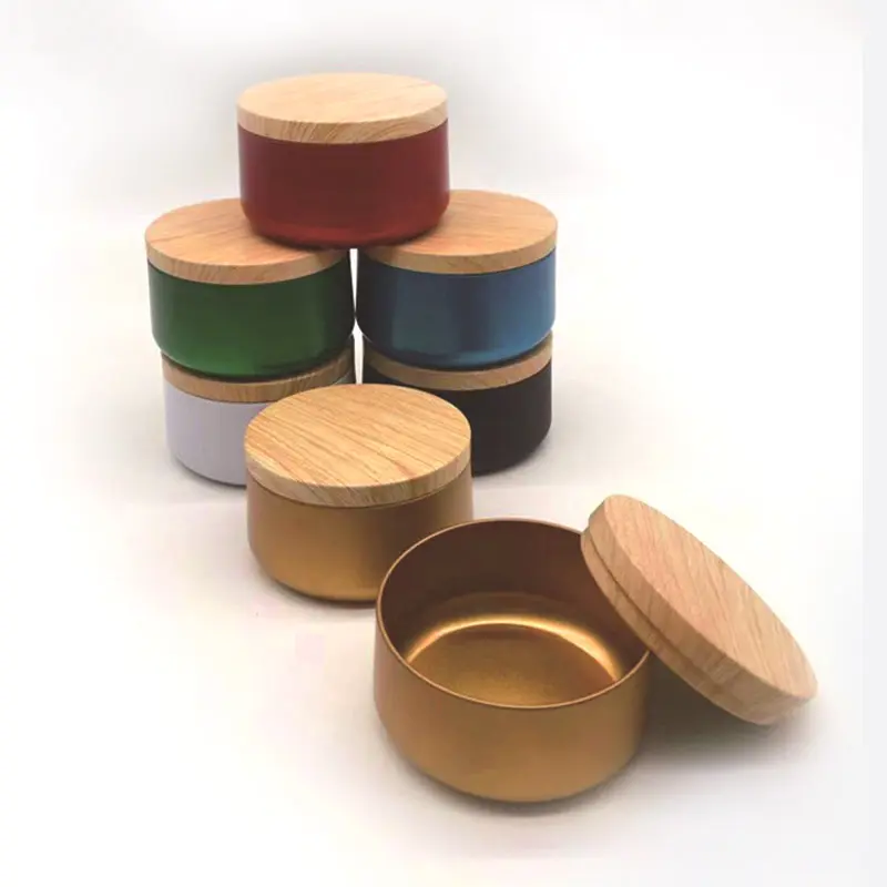 Wooden Pattern 6 OZ Round Reusable Mini Container Candle Metal Tin, Storage Candle Container with Lids for Candle Making Craft
