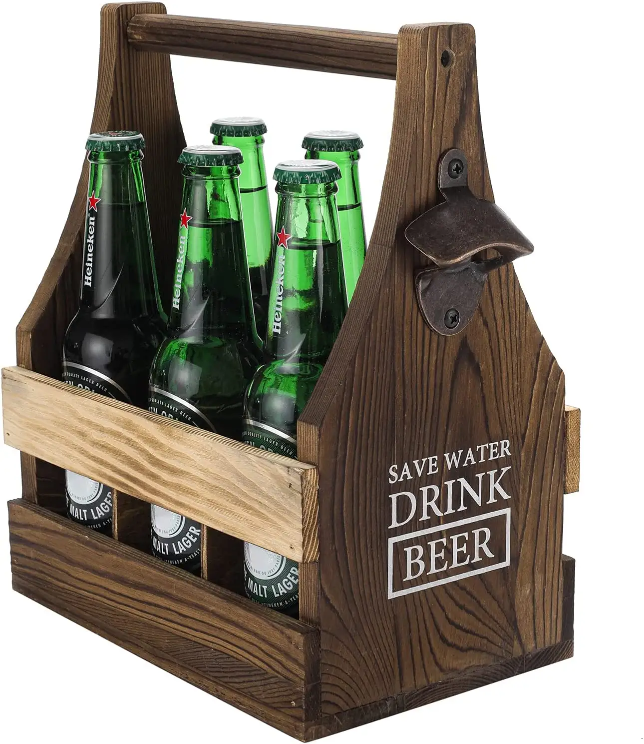 Bar rústico madeira 6 garrafa vinho bebida transportadora promocional cerveja garrafa suporte com built-in metal abridor