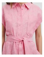 Grosir pakaian katun Linen gaun Mini pendek warna merah muda Solid Logo kustom pakaian Linen kualitas tinggi gaun kasual wanita