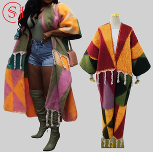 Vintage da donna inverno caldo e colorato con nappine Poncho manica lunga Maxi con mantello scialli sciarpe scialle cappotto <span class=keywords><strong>lungo</strong></span> <span class=keywords><strong>Cardigan</strong></span> donna - Product Image 1