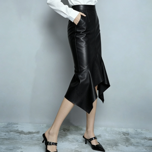 Jupes de soirée formelles confortables pour femmes, élégantes, noires, <span class=keywords><strong>en</strong></span> similicuir souple, taille haute, ourlet asymétrique sirène, mi-longues - Product Image 3