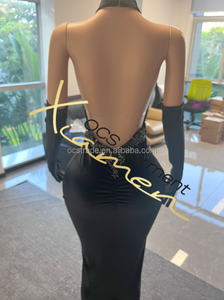Strass abiti da compleanno donna con guanti lunghi aderenti scollo capestro senza schienale abiti da sera neri eleganti - Product Image 4