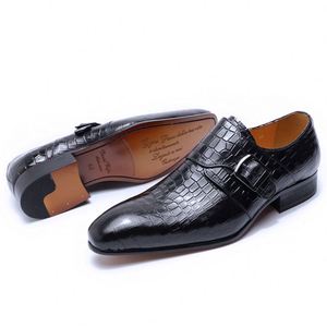 รองเท้าหนังผู้ชายแบบสวม ยอดนิยม ลายพิมพ์ สายรัดแบบ Monk Strap หัวเข็มขัด เหมาะสำหรับงานแต่งงาน งานออฟฟิศ ธุรกิจ สีดำ สีน้ำเงิน - Product Image 3