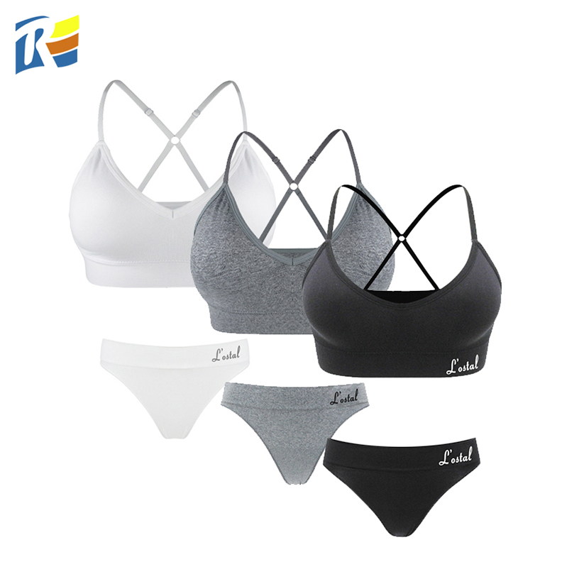 Китайский производитель OEM ODM, бесшовная мягкая кофта с перекрестной спинкой, бюстгальтер для молодых девушек и стринги, наборы стрингов