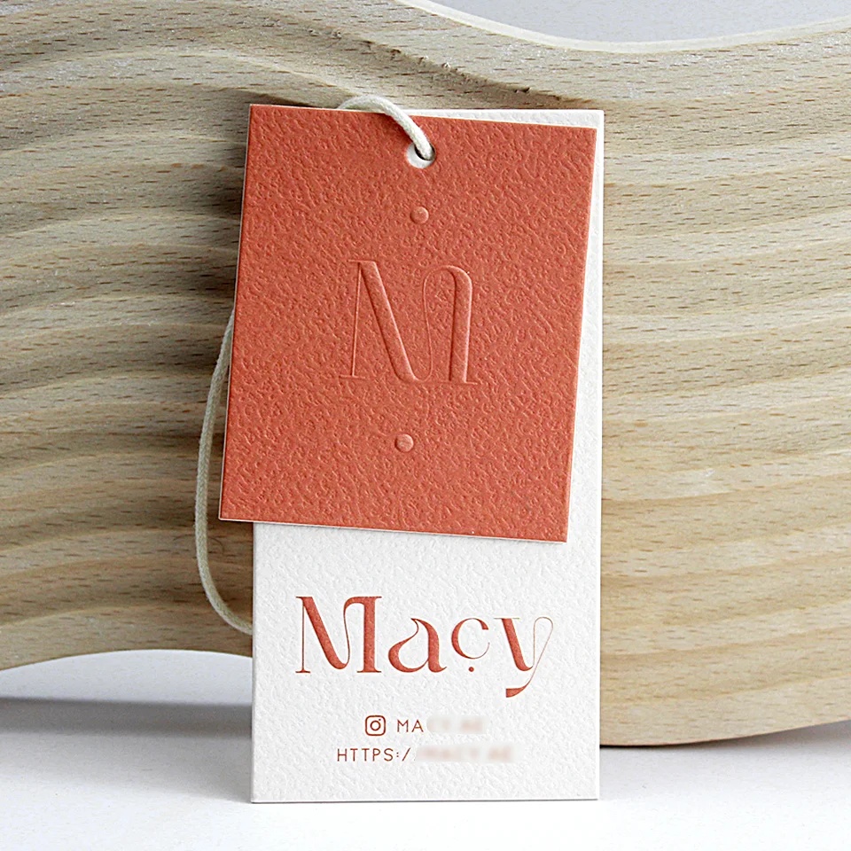 Eco-Friendly Custom Logo Embossed Printed Cardboard Clothing Hangtag Specialty 3D Die Cut Square Swing Tags for Brand Promotion