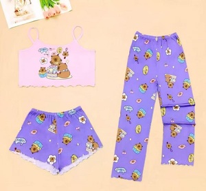 <span class=keywords><strong>Sexy</strong></span> dames driedelige mouwloze pyjama's, zomerse casual <span class=keywords><strong>cartoon</strong></span> slaapkleertjes, vest, shorts, broek, 3-in-1 loungewear - Product Image 4