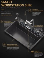 Évier de cuisine intelligent moderne à cascade simple en acier inoxydable 304 avec affichage numérique en nid d'abeille, station de travail, lave-tasses et support pour téléphone