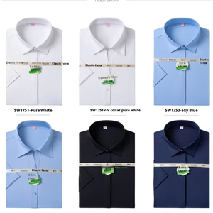 Womens nút xuống Ngắn Tay Áo váy áo sơ mi rắn làm việc căng sợi tre váy áo sơ mi kinh doanh văn phòng phụ nữ áo sơ mi trắng - Product Image 2