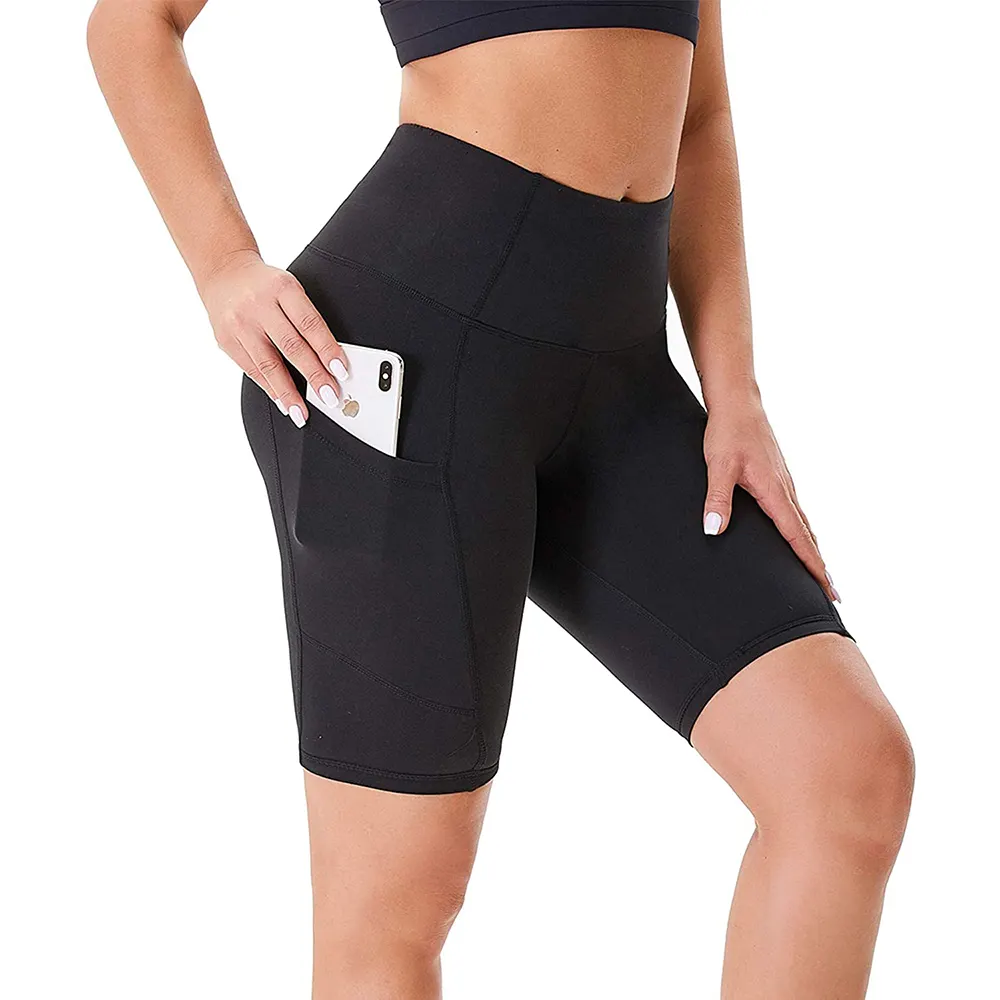 Amazon sıcak satış kadın artı boyutu düz Biker şort yüksek bel Yoga pantolon tayt cepler ile çalışan yetişkinler pantolon baskı 3 adet