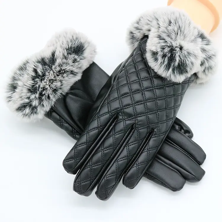 Luxury Ladies Fur PU Leather Gloves Women Female Full Finger Touch Screen Outdoor Driving Travel Keep Warm Winter Gloves