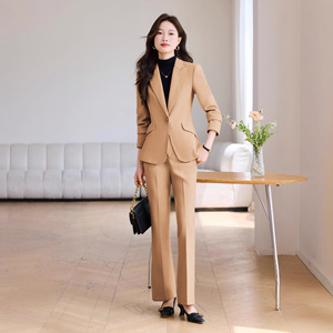 Women's Suit Pants Khaki Straight High Waist Solid Color Polyester Anti-Wrinkle Casual Workwear - Product Image 1