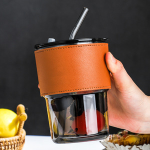 2026 Glass Coffee <b>Cup</b> PU Leather Sleeve Leak-Proof Classic Style Portable Reusable Travel Mug Straw Dual Use Lid for Tea Juice - Product Image 3