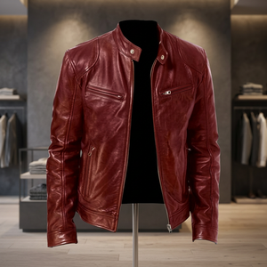 BS International Natural Crafts Brown Leather Canvas Unisex Winter <b>Racer</b> <b>Jacket</b> Mandarin Collar Regular Fit 100% Genuine Leather - Product Image 1