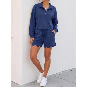 Ensemble décontracté 2 pièces pour femme : sweat-shirt court à col rond et short, couleur unie, longueur au-dessus du genou, manches longues - Product Image 5