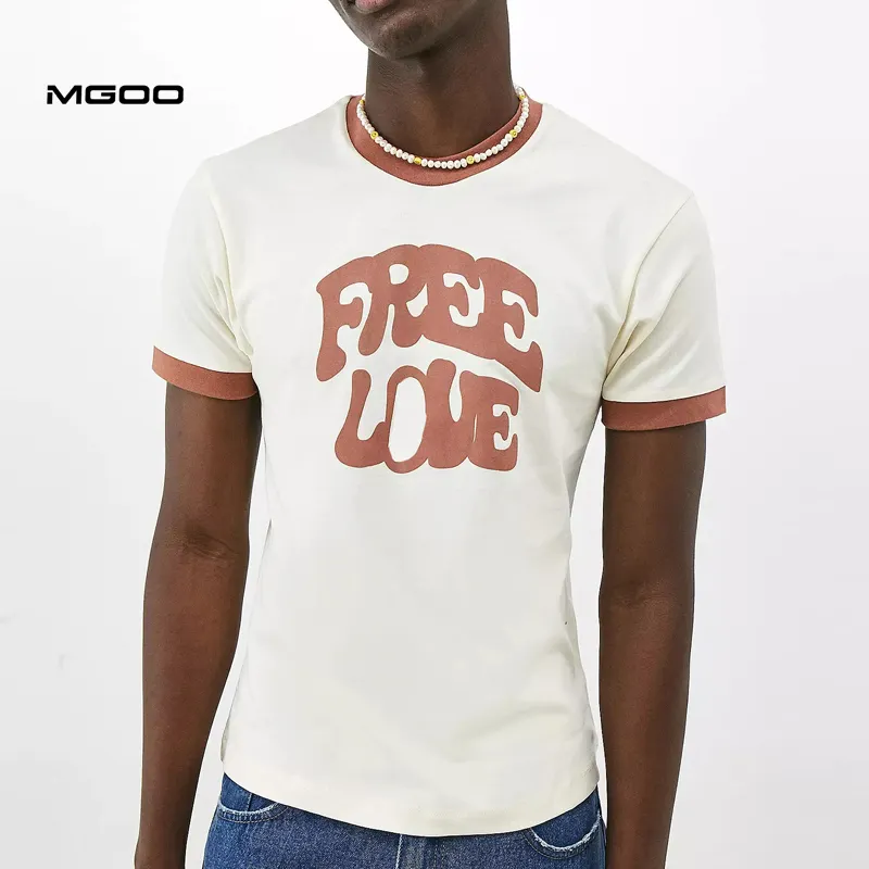 MGOO White T Shirts Slim Fit Mens Heavy Cotton Water Based Printed Ringer Tee