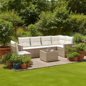 Ensemble de canapés de jardin modulaires en rotin beige avec coussins en mousse haute densité, mobilier d'extérieur au design contemporain - Product Image 2