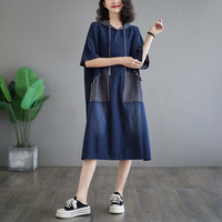 Été Loose Casual Patchwork Poches Drawstring Hooded Dresses Half Short Sleeve Midi Women's Cargo Clothing Dress Cotton Denim