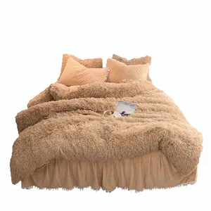 China manufacture Camel solid color bed sheet set fleece Faux Fur Velvet Fluffy duvet cover Pillowcases Bedding Set for winter