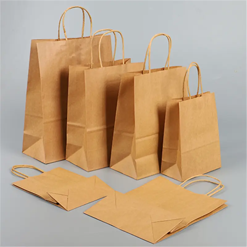 Logo personalizzato riciclato stampato ristorante cibo da asporto spesa take out Packaging sacchetto di carta Kraft marrone con manici