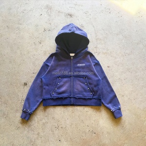 Fabricant de vêtements – Nouveaux sweats à capuche personnalisés avec fermeture éclair, style streetwear, coupe oversize et ample, 100 % coton, effet délavé à l'acide, avec strass, pour hommes - Product Image 1