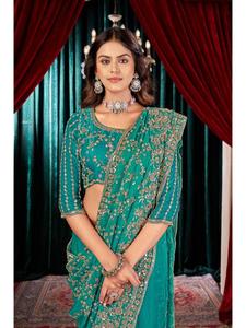 Sari de Satén Fandy Gujarati de Abhi Fashion para Mujer con Bordado de Cuentas, Blusa de Diseñador para Bodas y Recepciones - Product Image 1