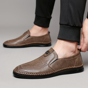 Mocassins en cuir blanc pour hommes, bout rond, à enfiler, semelle en caoutchouc respirante, chaussures décontractées pour le travail et le quotidien - Product Image 2