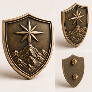 Insignia de Escudo 3D Fundida a Presión con Brújula de Montaña en Bronce Antiguo Personalizada - Product Image 1