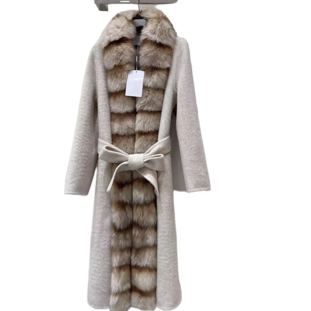 High Fashion Double Faced Wool Coat Long Real Fox Fur Material Collar Coat Women