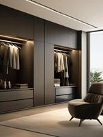Système de dressing mural minimaliste italien sur mesure avec éclairage d'ambiance LED intégré pour chambre principale de villa