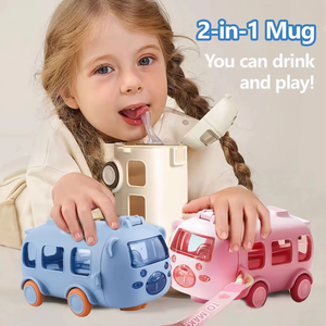 Gobelet à eau en plastique pour enfants, modèle 2026, en forme de bus, avec paille, mignon, pour boire directement - Product Image 1
