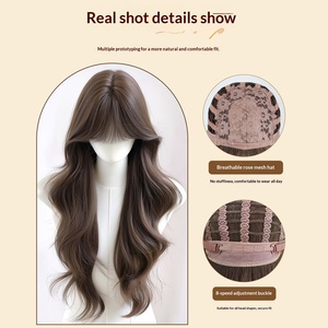 Perruque complète pour femme, en fibre haute température mate, avec effet de cuir chevelu frontal sans couture, franges droites, <span class=keywords><strong>cheveux</strong></span> longs ondulés bouclés - Product Image 3