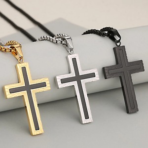 Collier avec pendentif croix gravé vintage en acier inoxydable pour hommes et femmes, bijoux religieux chrétiens hip-hop punk, cadeau pour la fête des pères - Product Image 2