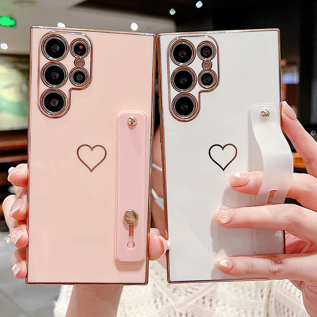 Love Heart Plating Luxury Shockproof Mobile Phone Bags for for S23/S22/S21/S20 FE/A53/A13/A33 Wristband Soft TPU Case