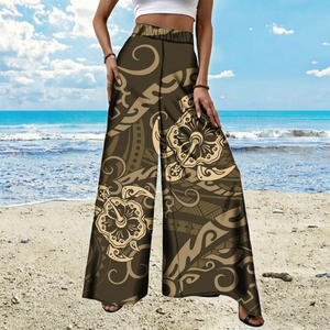 Pantalon large taille haute pour femme, style Puletasi, motif tribal polynésien Elei personnalisé, coupe droite décontractée et respirante - Product Image 3