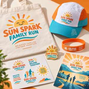 Kit de Insignias Personalizadas con Logotipo Sun Spark Family Run, con Pin de Esmalte Colorido, Gorra, Pulsera, Hoja de Pegatinas y Bolsa de Algodón - Product Image 1