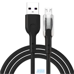 Hotriple A9M Cables de datos de luz LED azul transparente de gama alta 3A 1M PVC Micro USB Android V8 Teléfono móvil Línea de fecha de carga rápida