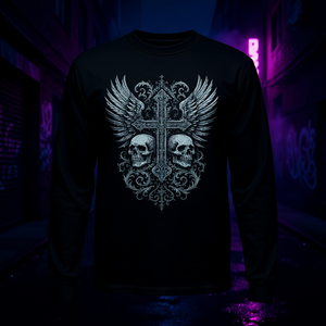 T-shirt gothique à manches longues avec croix et ailes de crâne, esthétique grunge Y2k - Product Image 3