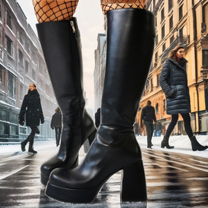 Bottes hautes à talons compensés pour femme, style occidental, plateforme épaisse, modèles uniques, design personnalisé, fermeture éclair latérale, pour l'hiver, l'automne et le printemps - Product Image 2