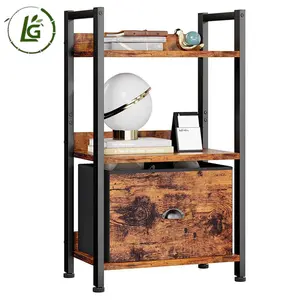 Estante pequena Legend estreita com prateleiras, prateleira de madeira e metal, estante de 4 camadas com gaveta para o quarto