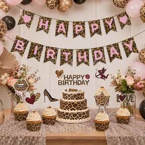 Women Safari Jungle Theme Supplies Animal Happy Banner & <b>Cake</b> Topper <b>Kits</b> Leopard Print Birthday Party Sets - Product Image 2