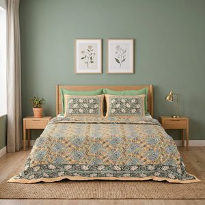 Parure de lit en coton King Size avec impression sérigraphiée, motif floral blanc, avec taies d'oreiller, fabrication artisanale de Jaipur, style bohème indien pour chambre à coucher - Product Image 3