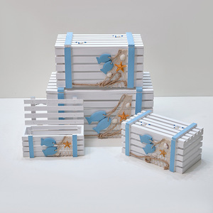 Mediterranean Style Wooden Storage <b>Box</b> Set Of Three Rectangular <b>Pine</b> Stackable For Living Room Neatening - Product Image 1